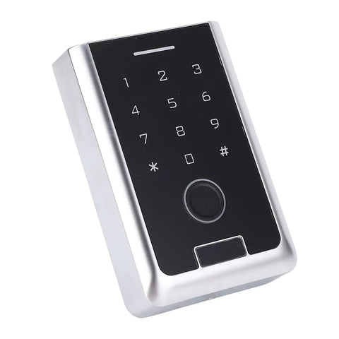 Top Shelf Outdoor Smart Fingerprint Keypad Door Access Controller With Rfid Card Swipe And Mobile App Remote Unlock keypad close-up view.