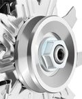Close-up of Chrome Finish 120 Amp Street Rod Alternator For 1 Wire Self Exciting GM 305 350 BBC SBC Engines Replaces 2402033DC ADR0335C OE Replacement Direct Fit For Classic GM Cars showing chrome details and bolt.