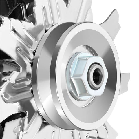 Close-up of Chrome Finish 120 Amp Street Rod Alternator For 1 Wire Self Exciting GM 305 350 BBC SBC Engines Replaces 2402033DC ADR0335C OE Replacement Direct Fit For Classic GM Cars showing chrome details and bolt.