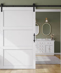 84 Inch Wide White Sliding Barn Door With Waterproof PVC Surface 3 Panel Solid MDF Construction Pre Drilled Holes Easy Assembly No Fuss Install Includes 8 Foot Hardware Track Kit And Handle installed in a room