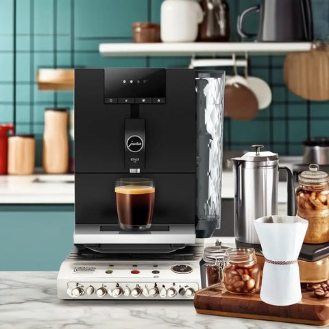 Step Up Your Home Brew Game With This Compact Automatic Coffee Machine Featuring A Pro Aroma Grinder And Super Simple Programmable Settings In Classic Metropolitan Black Color, with cup of espresso.
