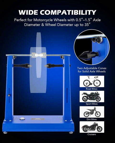 Motorcycle Wheel Balancer and Truing Stand for Bikes DIY Friendly Heavy Duty Tire Balancer with Adjustable Truing Pointer