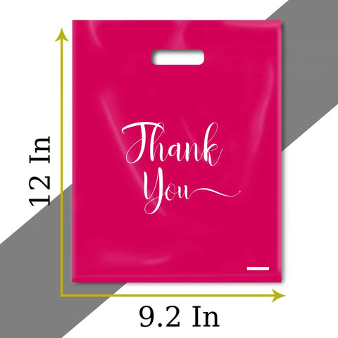 Pink Die Cut Shopping Bags With Handles For Small Biz Packaging 9x12 Inches Bulk 100 Pack Thick 2.36 Mil Recyclable Plastic Merchandise Bags For Boutique Retail Wholesale