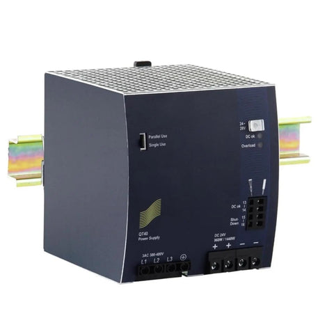Heavy Duty Din Rail Switching Power Supply providing AC To DC conversion, designed for industrial automation and machine shop use.