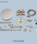 Do It All Three Function Shower System With Tub Spout And Ten Inch Round Rainfall Shower Head Handheld Spray Includes Rough In Valve And 360 Degree Rotating Drain Brushed Nickel Finish components