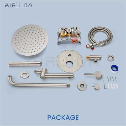 Do It All Three Function Shower System With Tub Spout And Ten Inch Round Rainfall Shower Head Handheld Spray Includes Rough In Valve And 360 Degree Rotating Drain Brushed Nickel Finish components