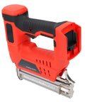 No Sweat Garage Grade Brushless Cordless Brad Nailer With Rapid Single Contact Firing Mode featured in red and black design.