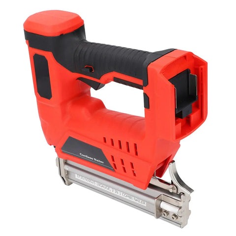 No Sweat Garage Grade Brushless Cordless Brad Nailer With Rapid Single Contact Firing Mode featured in red and black design.
