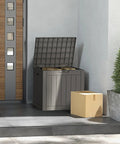 Weatherproof 31 Gallon Deck Box With Locking Lid For Outdoor Cushions, Pool Gear, And Garden Tools In Greige on patio