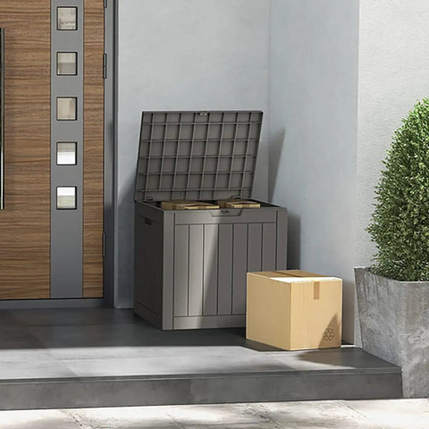 Weatherproof 31 Gallon Deck Box With Locking Lid For Outdoor Cushions, Pool Gear, And Garden Tools In Greige on patio