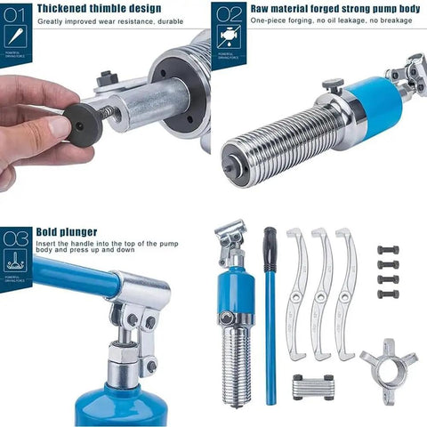 Heavy Hitting 20 Ton Hydraulic Gear Puller With Relentless Alloy Claws That Rip Free Rusty Wheels And Seized Bearings Without Burning Out This Shop Floor Beast Smoothly Slides Stubborn Pulleys Off Shafts Like Child Play showing thimble design, pump body, plunger, and included tools.