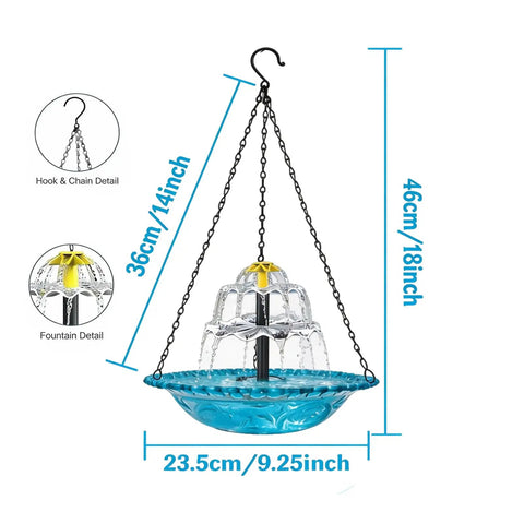 Sun Powered Hanging Bird Bath Fountain With Cascade Water Feature For Outdoor Garden Patio Backyard Lawn Decor Blue No Wiring Needed Easy Setup And Water Motion To Attract Birds And Elevate Your Outdoor Space, showing dimensions and hook detail