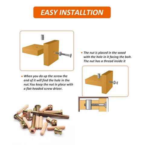 Easy installation guide with Must Have Hardware Replacement Kit For Cribs And Furniture, showing socket cap screws, barrel nuts, dowels.