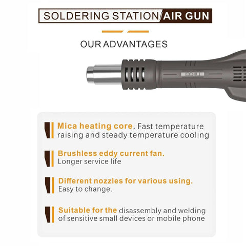 Close-up of air gun from 2 In 1 Digital Rework Station With Hot Air Gun And Soldering Iron Includes 3 Nozzles And Solder Wire Bracket 110V