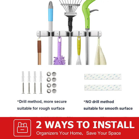 Two Pack Wall Mounted Broom And Mop Holder Set Stainless Steel Stick On Heavy Duty Hooks with installation kits and tools