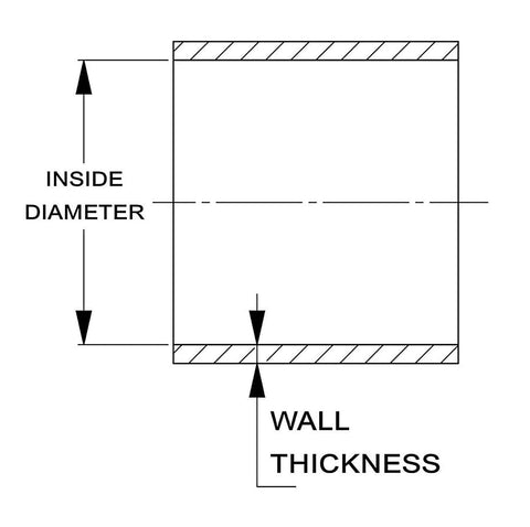 Diagram showing inside diameter and wall thickness of Black 5 Foot High Temperature Silicone Vacuum Tubing Hose 3.5mm ID.