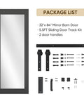 Black 32 Inch By 84 Inch Mirror Barn Door With Five Point Five Foot Sliding Hardware Kit Included No Assembly Required One Lite Full Length Solid Wood Waterproof PVC Surface, showing door and included hardware.