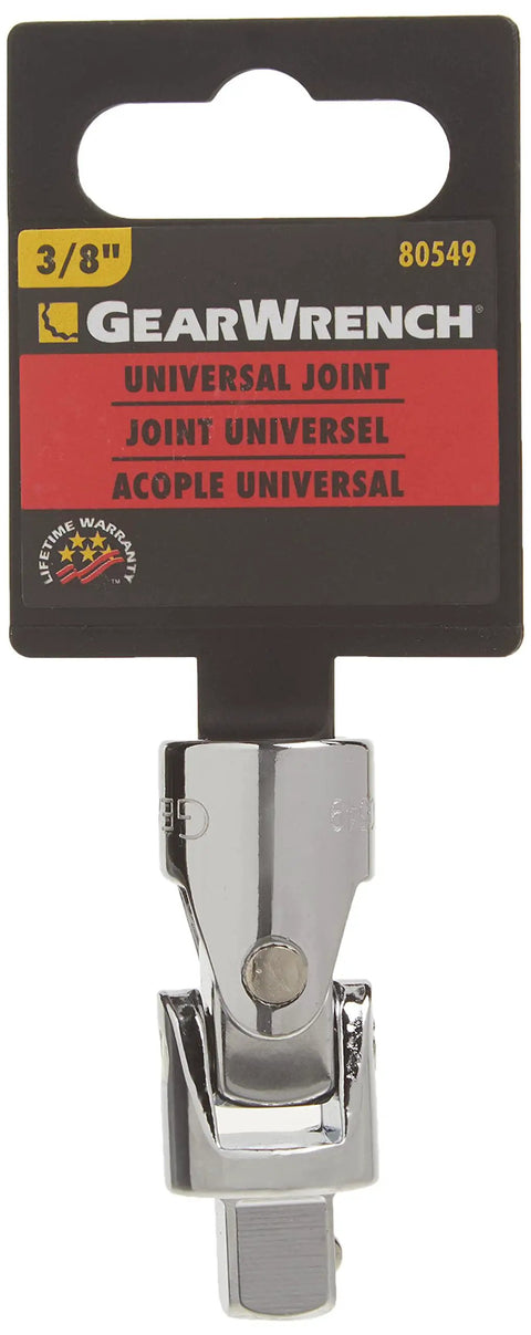 3/8 Inch Drive Universal Joint With Ball Detent For Secure Socket Retention, Polished Chrome Finish, Model 80549 packaging