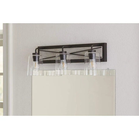 Three-Light Coastal Bath Vanity Light With Clear Glass, Rustic X-Brace Design, Faux Woodgrain Backplate, Graphite Black Finish