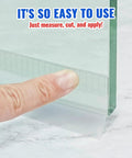 Clear plastic weather-stripping seal with adhesive edge for glass shower doors.