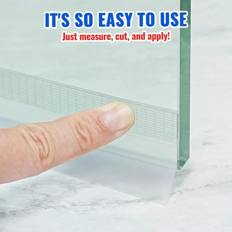 Clear plastic weather-stripping seal with adhesive edge for glass shower doors.