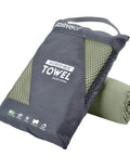 Ultra Compact Microfiber Travel Towel For Gym Beach And Camping with ventilated carry bag shown folded and packed for portability.
