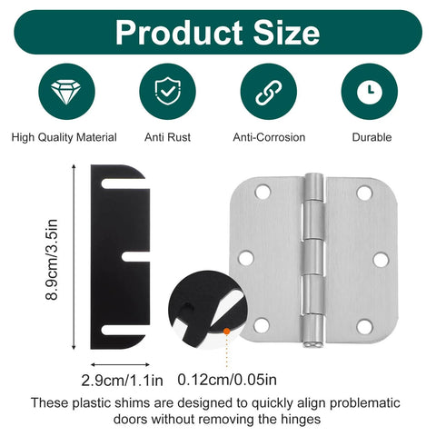 Door Hinge Shims Repair Kit, 10 Pcs 3.5 Inch Hinge Spacers for Door Alignment, black PC material with hinge size details.