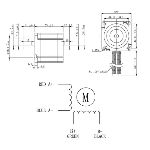 NEMA 23 Stepper Motor 1.3N.m Torque, 4A 2 Phase 4 Wire, 57x57mm Frame, 55mm Body, 8mm Dual Shaft, Beast Torque For CNC And 3D Printer Drives, Precise 1.8 Degree Step, Great For Automation Projects. dimension drawing with wiring