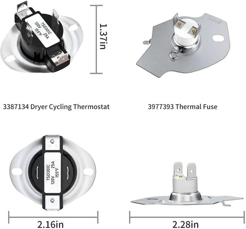 Dryer Heating Element Kit 279838 Replacement For Maytag Kenmore Amana Roper, showing thermostats and thermal fuses with dimensions