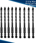 Set of 10 black 1/4-inch ceramic tile drill bits with hex shanks, 6 mm, JOERCIC brand