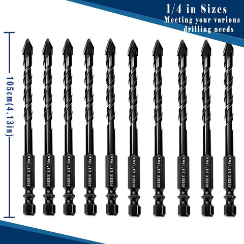 Set of 10 black 1/4-inch ceramic tile drill bits with hex shanks, 6 mm, JOERCIC brand