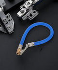 Ultimate Heavy Duty Replacement Tire Inflator Hose With Integrated Pressure Gauge And Solid Copper Locking Chuck For Car Truck Bike Air Compressor Accessories Includes Two Pack Blue Design Makes Quick Inflation And Saves Your Time On The Road Today. Blue hose with copper locking chuck shown on black background