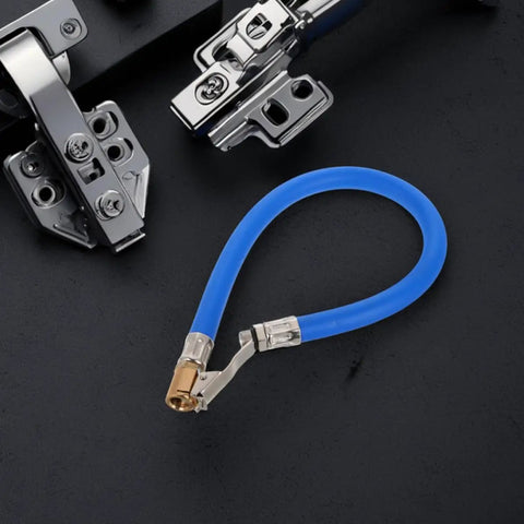 Ultimate Heavy Duty Replacement Tire Inflator Hose With Integrated Pressure Gauge And Solid Copper Locking Chuck For Car Truck Bike Air Compressor Accessories Includes Two Pack Blue Design Makes Quick Inflation And Saves Your Time On The Road Today. Blue hose with copper locking chuck shown on black background