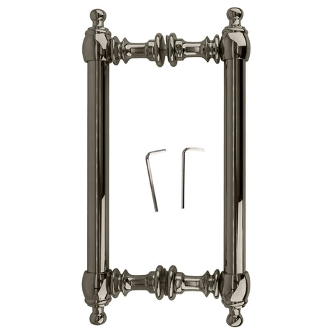 Polished Nickel 8 Inch Center-To-Center Colonial Style Back-To-Back Pull Handle With Brass Hardware Ergonomic Contoured Design For Double Door Installation Durable Construction Suitable For Cabinets Or Doors In Homes Hotels And Offices close-up view