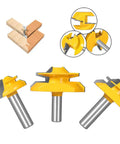 Killer 45 Degree Lock Miter Router Bit Set With Half Inch Shank And Hardcore Carbide Blades For Woodworking Joints And No Fuss Smooth Cuts In ThirtyOne SixtyFourth ThreeQuarter And One Inch Lumber Shop Ready, 3-piece yellow carbide bits