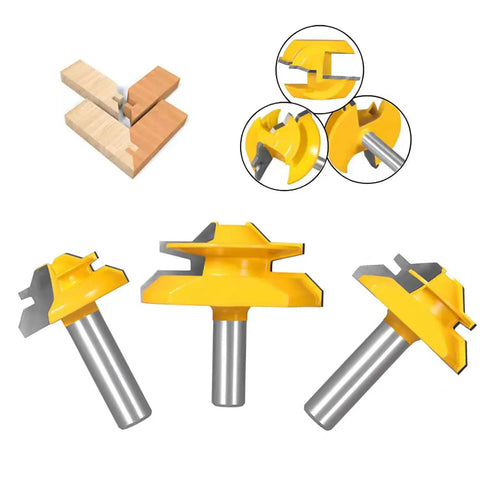 Killer 45 Degree Lock Miter Router Bit Set With Half Inch Shank And Hardcore Carbide Blades For Woodworking Joints And No Fuss Smooth Cuts In ThirtyOne SixtyFourth ThreeQuarter And One Inch Lumber Shop Ready, 3-piece yellow carbide bits