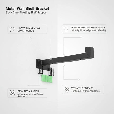 Heavy Duty Black Steel Shelf Brackets For Garage Kitchen And Workshop Storage Durable Wall Mount Supports For Floating Shelves Holds Tools Cast Iron Pans Books And Decor 1 Pack showing installation features and uses