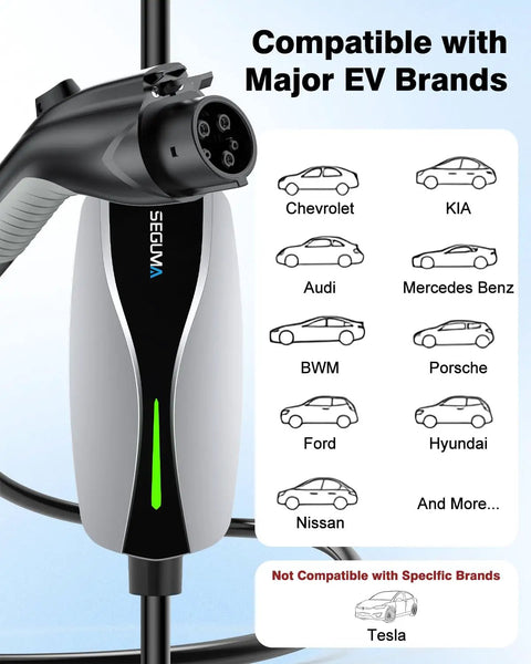 Portable Level 1 Plus Level 2 Electric Vehicle Charger Drops Straight Into Nema 6 20 Outlet And Blasts Out 16 Amp Fast Charge For J1772 Cars showing compatible EV brands.