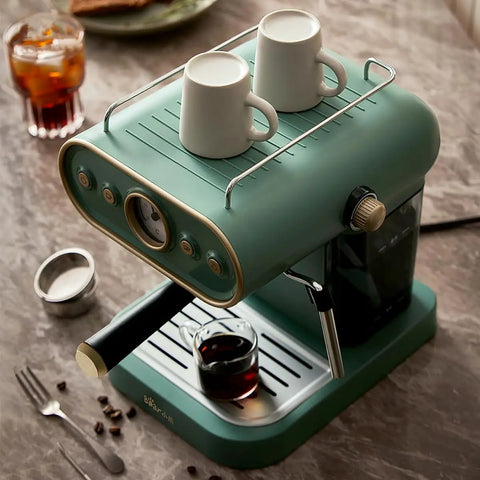 Compact High Pressure Espresso Machine With Steam Frother For Rich Lattes And Cappuccinos Brew Single Or Double Shots On A 15 Bar Pump Fast Heat Up Easy Steam Frother Home Barista Quality in green with cups on top