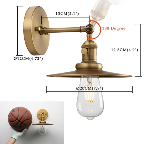 Industrial Vintage 1 Light Wall Sconce With 7.9 Inch Metal Shade Antique Vanity Light With On Off Switch E26 Bulb Compatible 180 Degree Adjustable Wall Lamp For Bedroom Living Room Kitchen, shown with adjustable arm and dimensions.