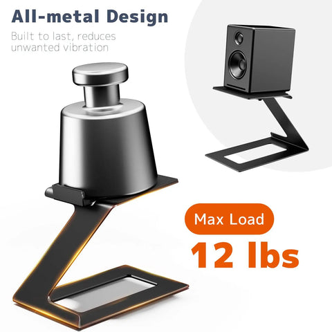 Desk Speaker Stands For Most Small And Medium Bookshelf And Computer Speakers With 6 Degree Tilt And Depth Adjustable, black metal design
