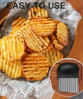 Stainless steel crinkle cutter with non-slip black handle; large wavy veggie/fry slicer shown with crinkle-cut potatoes.