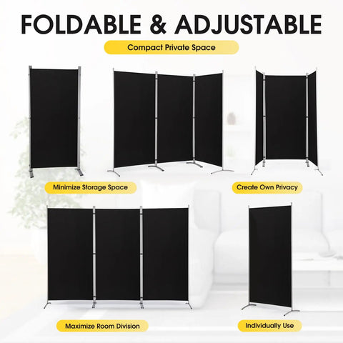 Six Foot Tall Three Panel Privacy Screen Folding Room Divider Freestanding Black Wall Partition For Home Office And Living Spaces