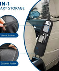 Game Changer Car Seat Side Organizer For Tesla Cybertruck with 2 mesh pockets and 1 zippered pocket for easy storage.
