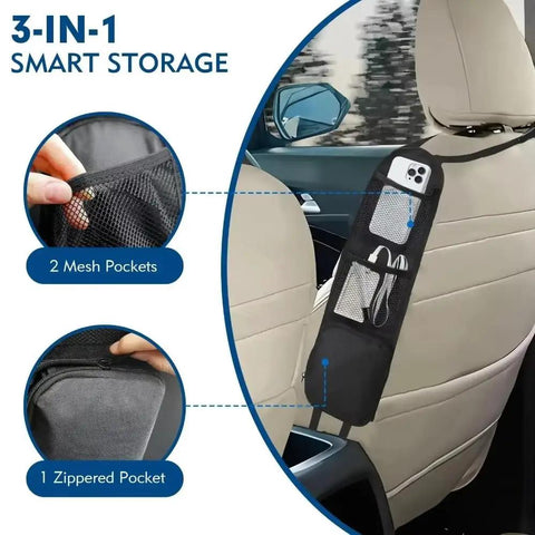 Game Changer Car Seat Side Organizer For Tesla Cybertruck with 2 mesh pockets and 1 zippered pocket for easy storage.