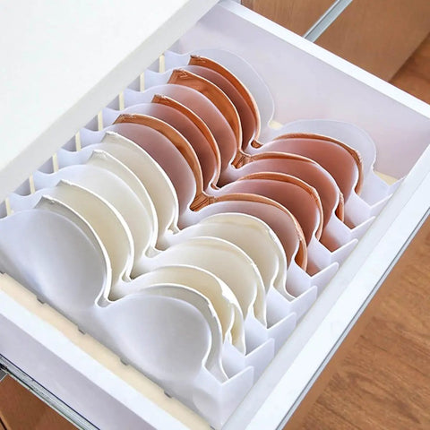 Straight Up Essential Six Piece Bra And Underwear Storage Box With Smart Compartment Layout For Your Closet To Keep All Your Favorite Lingerie Tidy And Totally Flawless showcasing bras organized neatly in compartments.