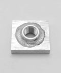 Shop Grade 3/8 Inch NPT Female Aluminum Weld On Bung Plate Kit Four Pack for engines, showing detailed weld and threaded interior.