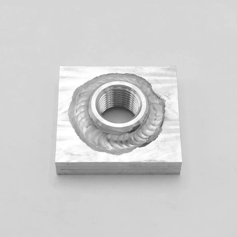 Shop Grade 3/8 Inch NPT Female Aluminum Weld On Bung Plate Kit Four Pack for engines, showing detailed weld and threaded interior.