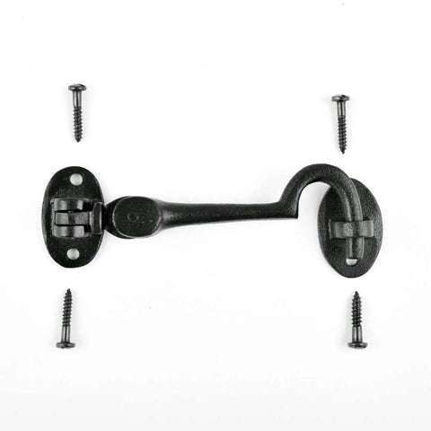 Heavy Duty 4.5 Inch Black Wrought Iron Swivel Style Hook And Eye Door Latch With Mounting Hardware for Rustic Colonial Look