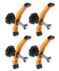 Heavy Duty Aluminum T Slot Clamp Set 4 Pack With Thickened Rubber Pads For CNC Router Milling Machine and Drill Press Woodworking Bench vise Quick Action Tool, orange and black clamps, close-up view.
